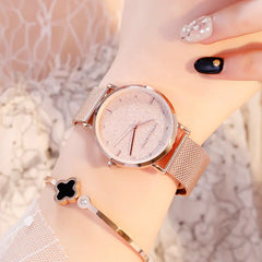 Rose Gold Quartz Watch with Waterproof Mesh Band