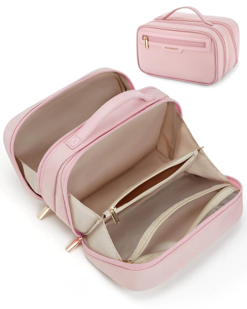 BAGSMART Travel Makeup Bag Large Capacity Cosmetic Bag Wide-open Portable Make Up Bag Organizer for Women for Travel Essentials Travel-Size Toiletries Accessories Bottles Brushes Pink
