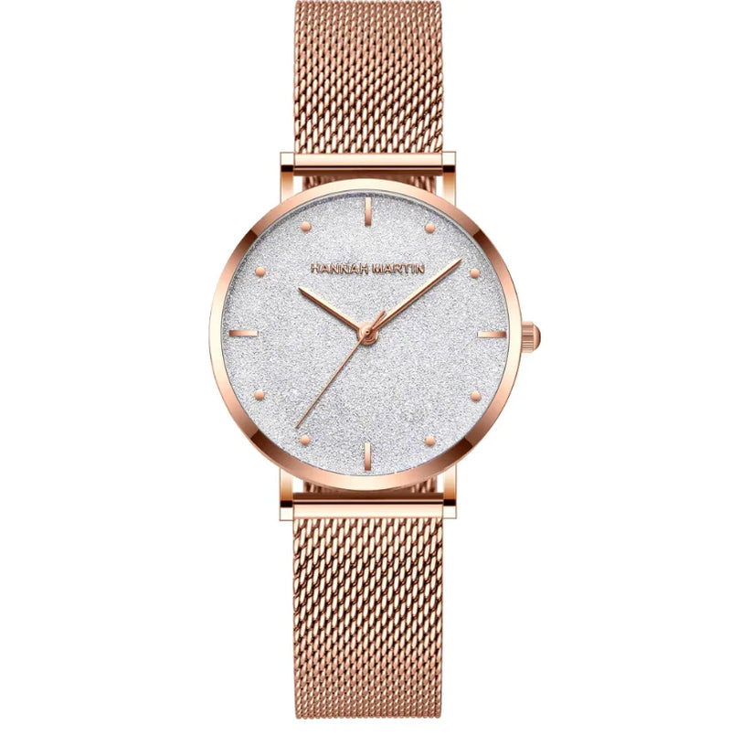 Rose Gold Quartz Watch with Waterproof Mesh Band