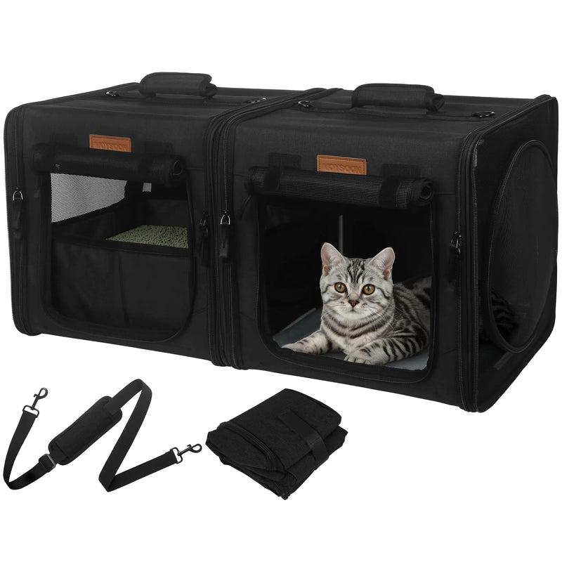 PETUX Small Cat Travel Carrier with Little Box Portable Twin Compartment Show House Cat Cage Small Cat Carrier for 2 Cats Cat Carrier Soft with Flannel Mat Hammock Protable Tote (Black)