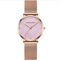 Rose Gold Quartz Watch with Waterproof Mesh Band