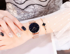 Rose Gold Quartz Watch with Waterproof Mesh Band